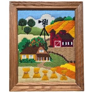 Vintage handmade needlepoint crochet crewel farm framed artwork